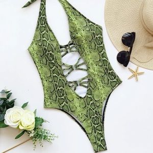 (M) one piece green snakeskin swimsuit